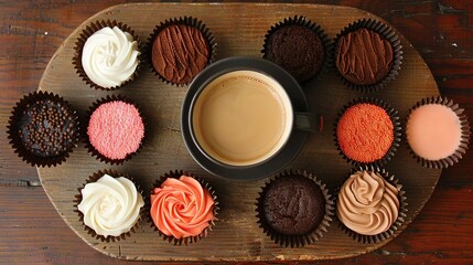 Canvas Print -  A cup of coffee rests beside a tray of cupcakes on top of a wooden table, with cupcakes stacked in front