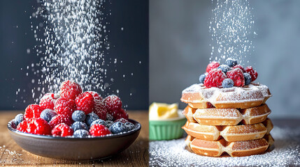 Wall Mural -   A plate with powdered sugar-covered waffles and a mix of raspberries and blueberries