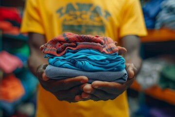 A man is holding a stack of clothes in his hands