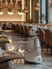 Poster - A white AI-powered robot stands in a modern restaurant, serving customers, enhancing the service quality with its sleek design. Generative AI