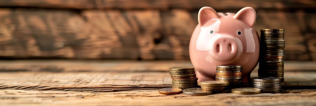 piggy bank and stack of coins on a wooden background with space for text, symbolizing savings and fi