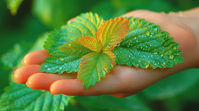   Person's hand with green leaf & water drops
