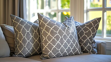 Sticker -   A couch with three grey and white pillows facing a green tree through a window