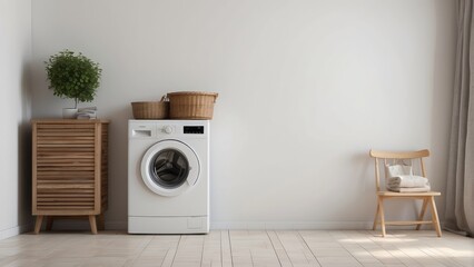 Wall Mural - Interior home of laundry room with modern washing machine on white wall copy space