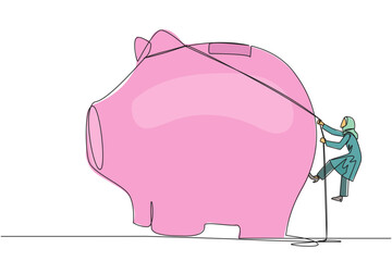 Poster - Continuous one line drawing Arab businesswoman climbs piggy bank with rope. Entrepreneur working hard make investment prepare for retirement. Smart worker. Single line draw design vector illustration
