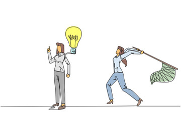 Poster - Continuous one line drawing businesswoman who comes up with an idea. Brilliant idea that will be stolen by business partner. Cheating in business. Betrayal. Single line draw design vector illustration