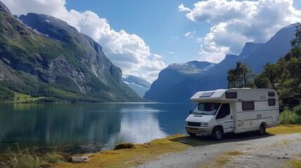 Wall Mural - A parked motorhome at the side of a serene mountain lake, with stunning mountain reflections