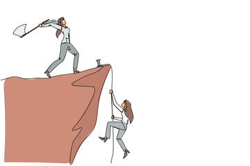 Poster - single continuous line drawing businesswoman climbs a cliff with the rope. almost successful. rudely