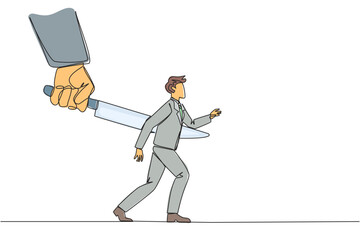 Poster - Single continuous line drawing businessman stabbed in the back by a large knife. Cheated to ruin by a business partner. An enemy disguised as a friend. The traitor. One line design vector illustration