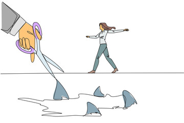 Poster - Single one line drawing businesswoman walking across on tightrope. A metaphor pursuing a career. Ruined by the traitor. Fake friend. Business sabotaged. Continuous line design graphic illustration