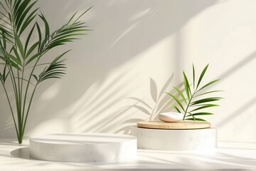 Aufkleber - Minimalistic design featuring a round podium with palm tree shadow patterns on a textured wall