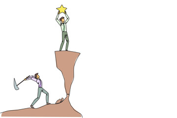 Poster - single one line drawing businessman standing on a cliff lifting a star. an envious friend, eating aw
