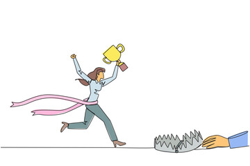 Poster - continuous one line drawing businesswoman running with trophy. dangerous business trap. trap that re