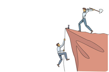 Poster - Continuous one line drawing businessman climbs cliff with rope. Almost successful. Rudely dropped by a business friend. Fake partner. The worst teamwork. Single line draw design vector illustration