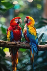 Wall Mural - Tropical birds sitting on a tree branch in the rainforest. Colorful scarlet macaw parrots.