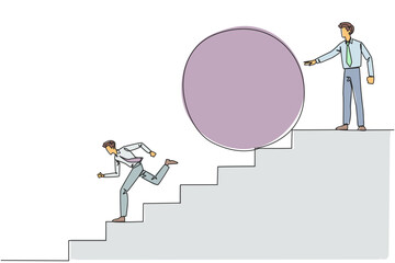 Wall Mural - Single one line drawing businessman running down stairs avoiding big ball. Attacked by business friends. Traitor in business. Cheating in business. Betray. Continuous line design graphic illustration