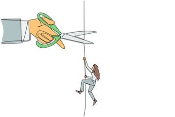 Poster - single continuous line drawing businesswoman climbing rope. metaphor of struggling to advance busine