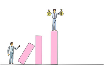 Poster - continuous one line drawing businessman standing on the bar lifting money bag. fake partner. the env