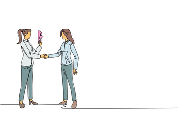 Poster - Single one line drawing two businesswomen shaking hands. One of them has two faces. Full of falsehood. Fake friend. Worst teamwork. Business betrayal. Continuous line design graphic illustration