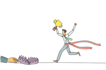 Poster - Single one line drawing businessman running with trophy. A dangerous business trap. A trap that really brings down a business. Fake friend. Traitor. Rival. Continuous line design graphic illustration