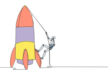 Poster - continuous one line drawing smart robot climbs rocket with rope. set the intention to open a new bra