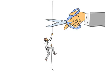 Poster - Single continuous line drawing businessman climbing rope. Metaphor of struggling to advance business. Business failed to develop. Sabotaged by business friends. One line design vector illustration