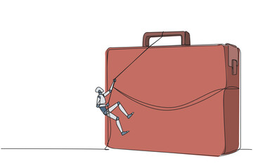 Poster - Single continuous line drawing smart robot climbs briefcase with the rope. A metaphor for building a business from scratch. Growing and having many relationships. One line design vector illustration