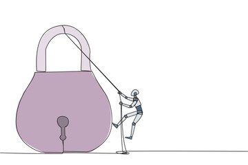 Poster - single one line drawing smart robot climbing padlock with rope. do the best to privatize the busines