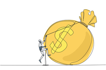 Poster - single one line drawing smart robot climbing money bag with the rope. work harder to get a very larg