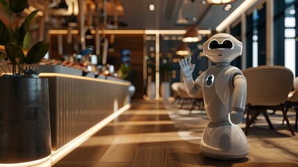 Poster - A sleek, modern restaurant features an AI-powered robot welcoming guests, showcasing the innovative use of technology to enhance service quality. Generative AI