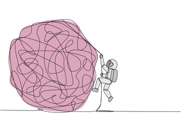 Poster - Single one line drawing young astronaut climbs heavy mess circle with the rope. Trying to lay anxiety at the feet. For clarity of thought. Smart work hard. Continuous line design graphic illustration