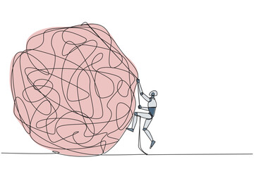Poster - continuous one line drawing smart robot climbs heavy mess circle with the rope. trying to lay anxiet