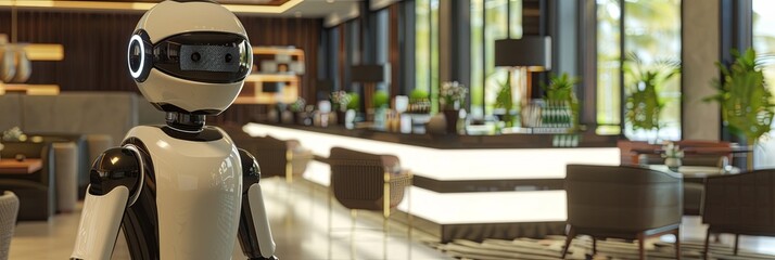 Poster - A sleek, modern restaurant or hotel lobby with a white AI-powered robot standing at the front. Generative AI