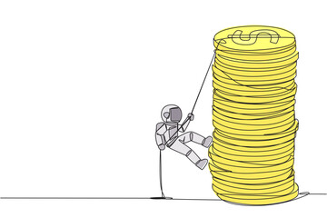 Wall Mural - Continuous one line drawing astronaut climbs stack of coins with rope. The entrepreneur trying hard climbing the rope to reach top of coins. Better future. Single line draw design vector illustration
