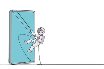 Poster - Single one line drawing astronaut climbing smartphone with rope. Improve business relationships. Massively contact old friends. Connected to each other. Continuous line design graphic illustration
