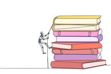 Poster - single continuous line drawing smart robot climbing a pile of books with a rope. try hard to gain ne