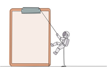 Poster - Continuous one line drawing young astronaut climbing clipboard with rope. Extra effort to work on reports optimally. The final report is awaited. Work hard. Single line draw design vector illustration