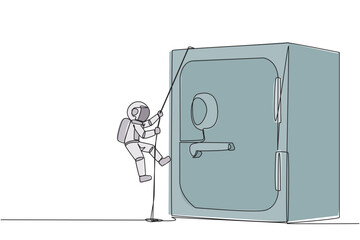 Wall Mural - Single one line drawing young astronaut climbing safe deposit box with the rope. Helps secure important company data. Stored in a safe and trusted place. Continuous line design graphic illustration