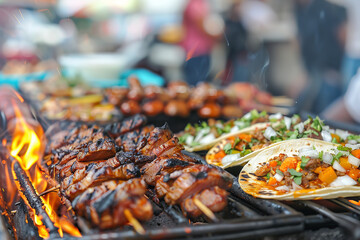 Poster - Vibrant Street Food Scene with Tacos and Grilled Meats at Market  