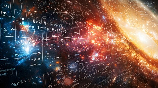 Formulas against galaxy backdrop symbolizing science and education in space.
