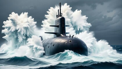 A colossal nuclear-powered military submarine surging up through towering, white-capped waves, its powerful engines propelling it skyward.

