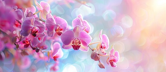 Wall Mural - Orchid flower in orchid garden, Orchid flower bloom. pastel background. Copy space image. Place for adding text and design