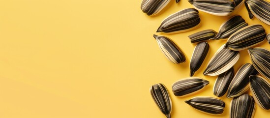 Poster - Set of Sunflower seeds Isolated on pastel background. Copy space image. Place for adding text and design