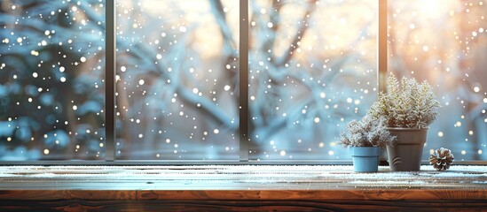 Canvas Print - desk of free space and window of winter . Copy space image. Place for adding text and design