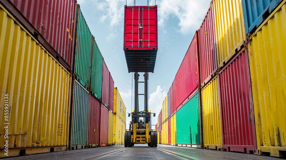 modern container handler carrying a large red steel... Container handler forklift in shipping yard illustrating logistics ...