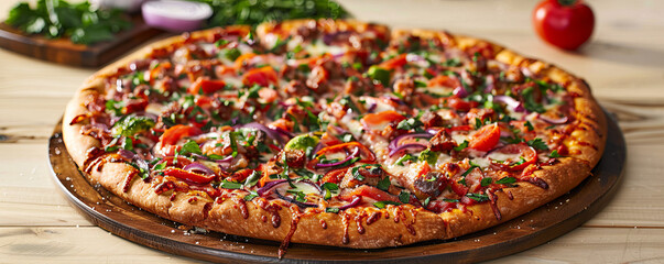 Wall Mural - A rustic pizza topped with an abundance of fresh vegetables, its crispy crust and gooey cheese inviting a taste.