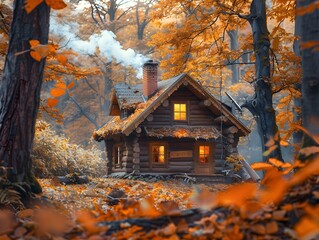 Wall Mural - Cozy Autumn Cabin Nestled in Vibrant Fall Foliage with Curling Chimney Smoke