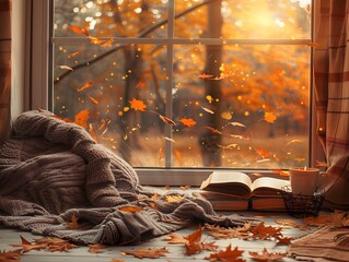 Poster - Cozy Autumn Reading Nook by a Warm and Inviting Window with Falling Leaves Outside