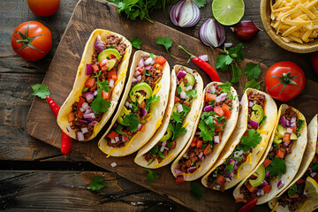 Poster - Homemade Tacos with Assorted Fillings on Rustic Wood Table  