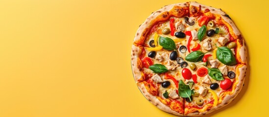 Wall Mural - Tasty pizza with vegetables, chicken and olives isolated on pastel background. Copy space image. Place for adding text and design